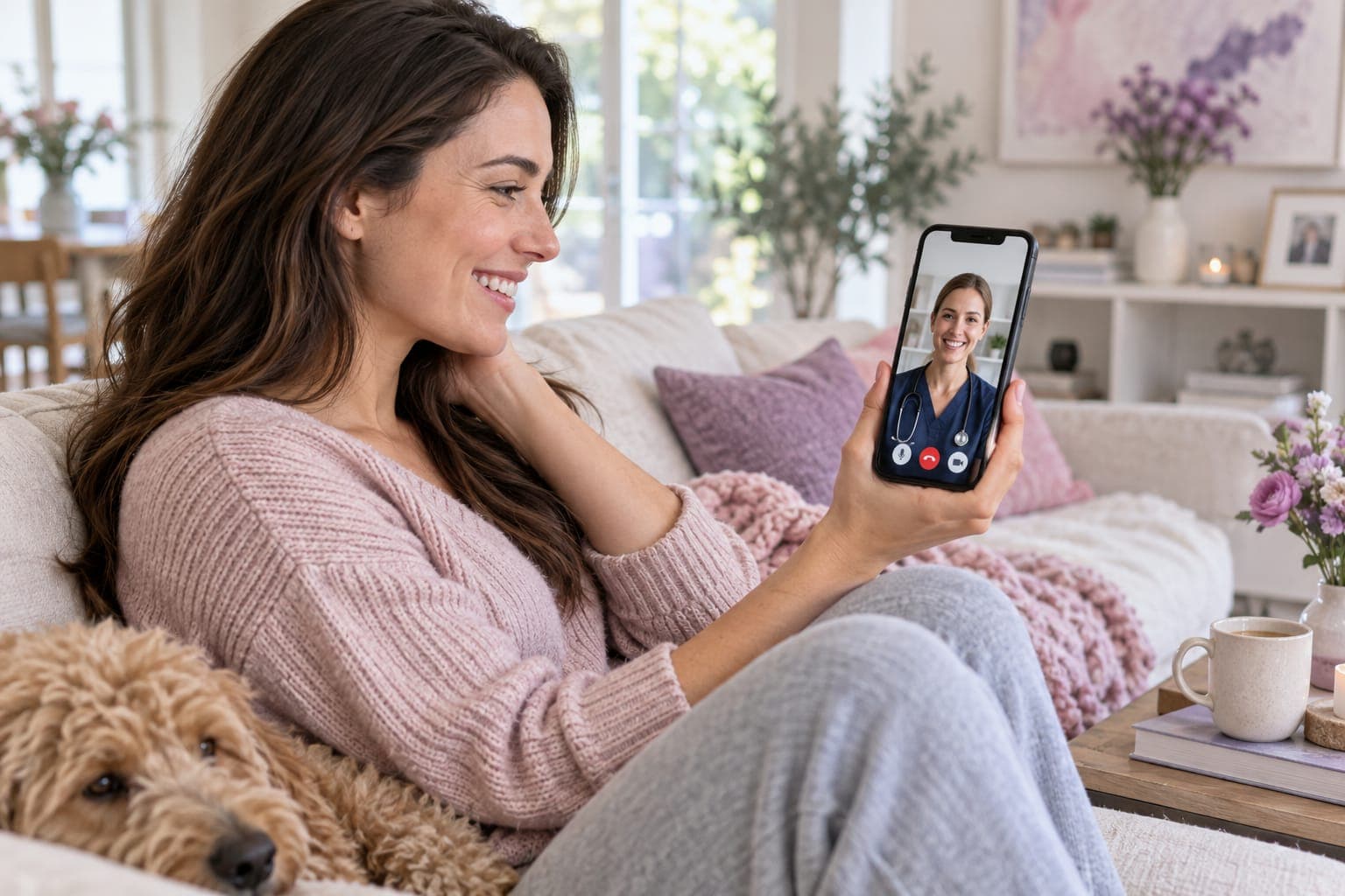 A patient on a video visit with her provider from her living room