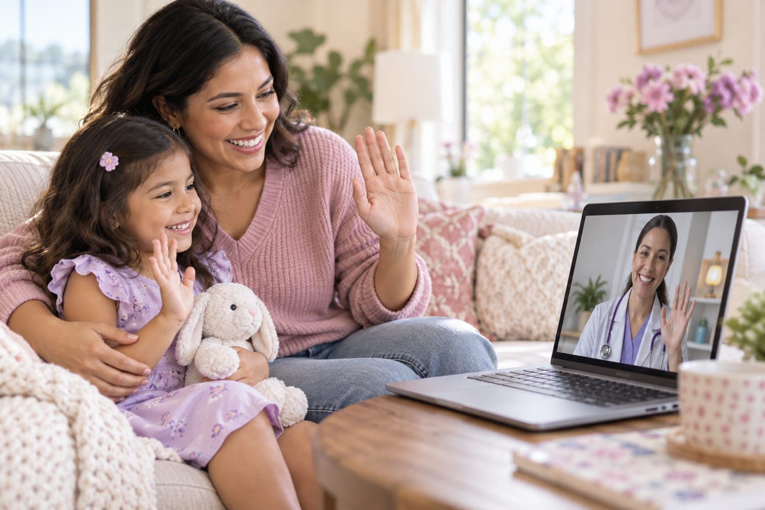 A mother and daughter waving to their provider on a video call