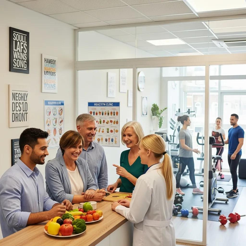 Diverse individuals in a weight loss clinic discussing health and wellness