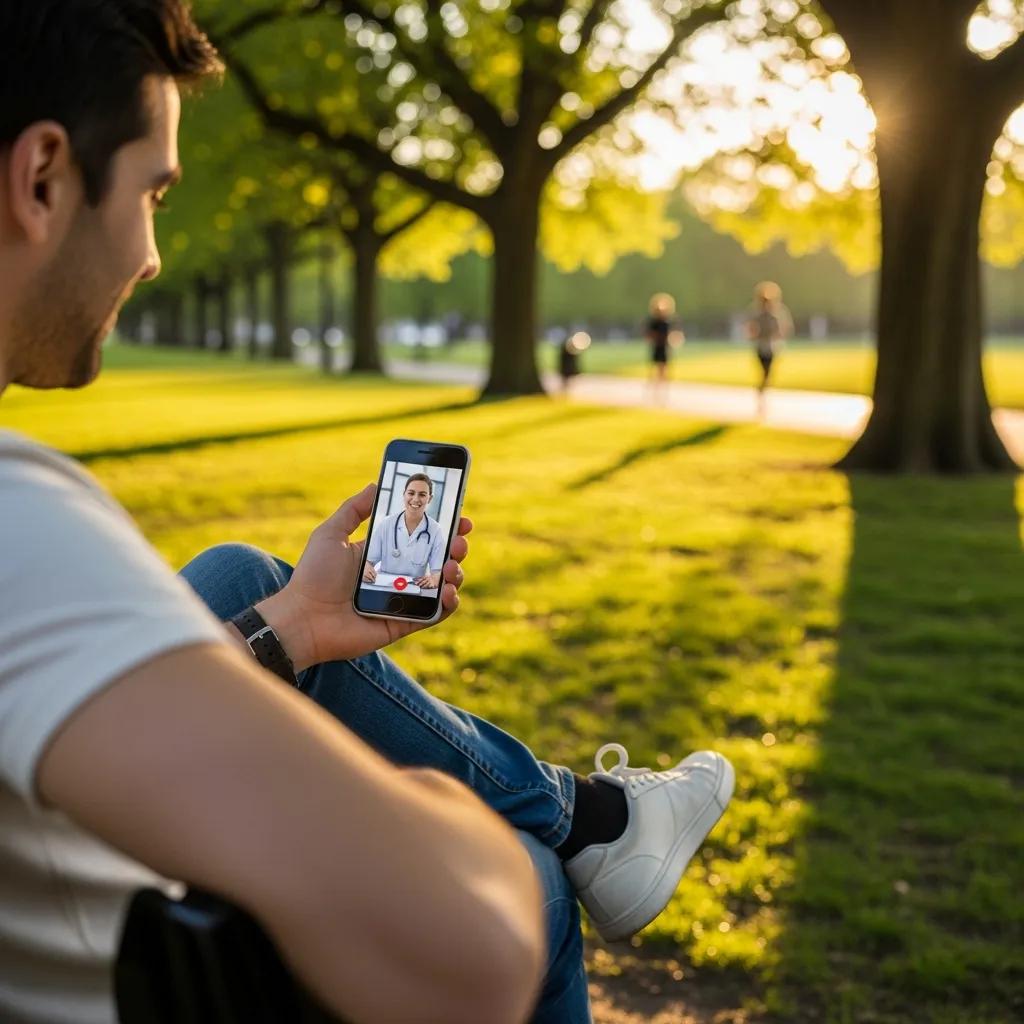 Individual using a smartphone for a telehealth appointment in a park, highlighting the convenience of telemedicine