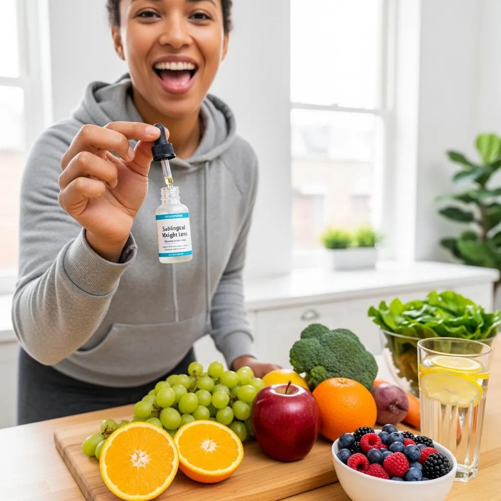 Person engaging in a weight loss journey with sublingual medication in a healthy environment