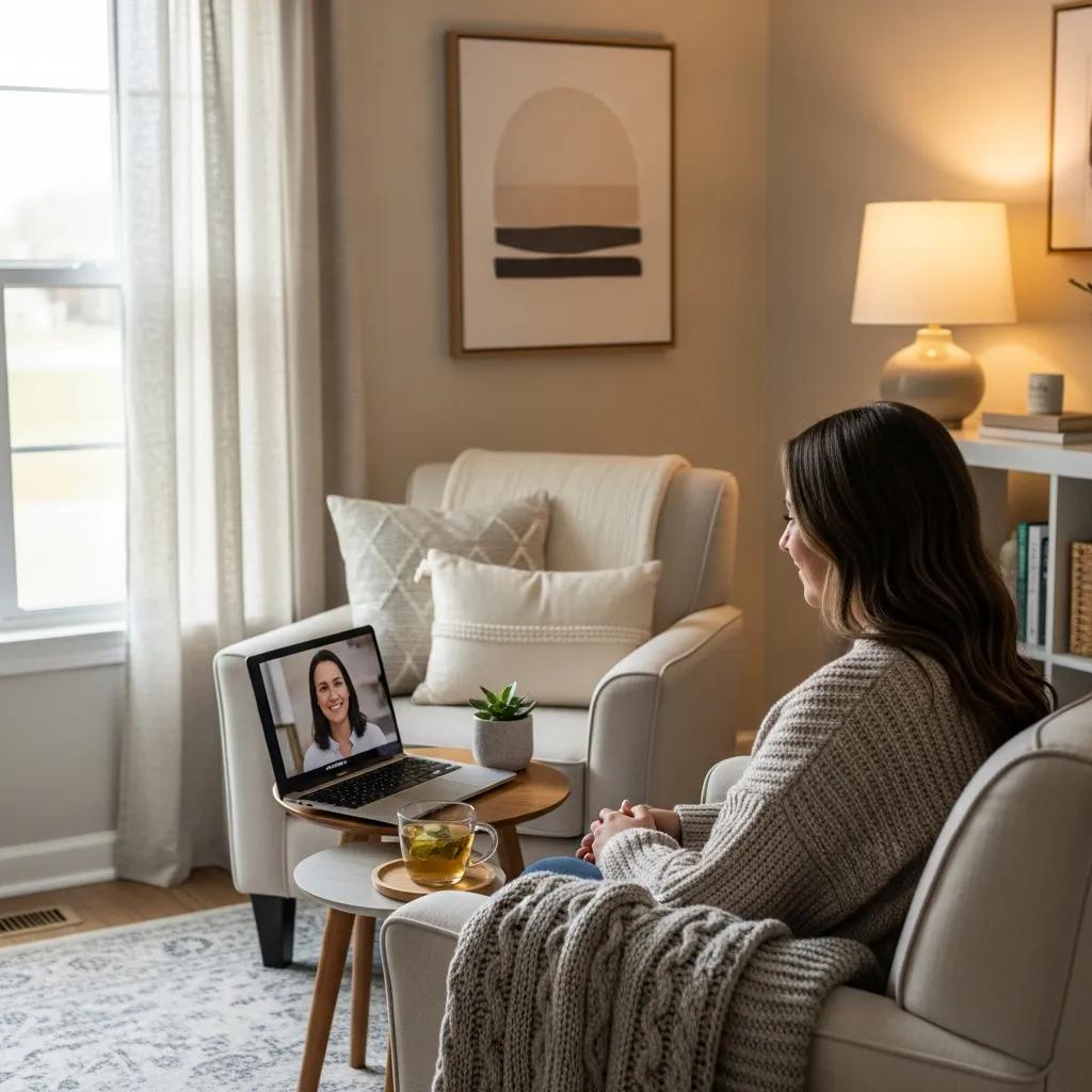 Person in a calming home environment participating in a virtual therapy session, illustrating mental health benefits of telehealth